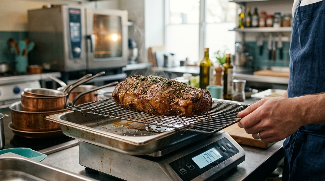 Pieza de carne recién asada sobre una rejilla siendo pesada en una báscula de precisión en una cocina profesional con luz cálida
