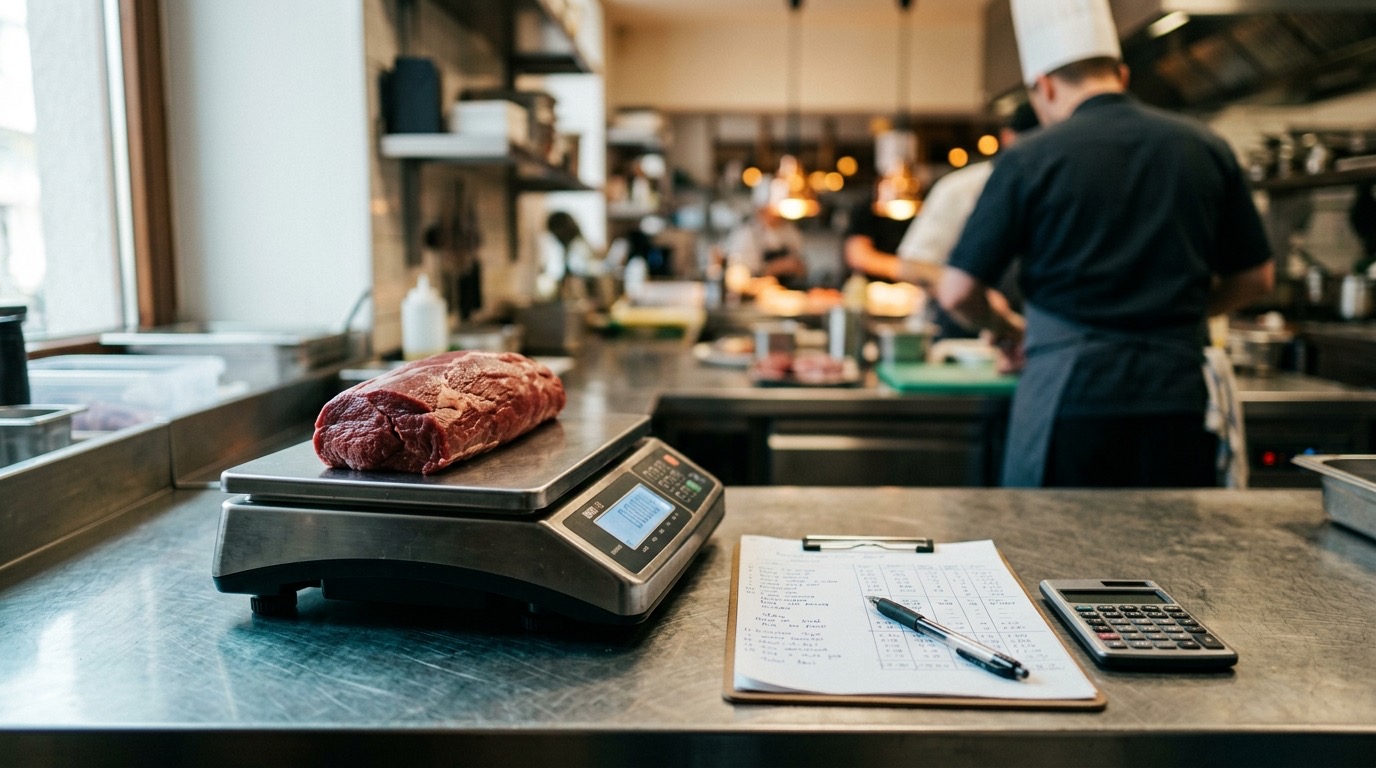 Báscula digital con solomillo de ternera y ficha de escandallo sobre encimera de acero inoxidable, cocina profesional.