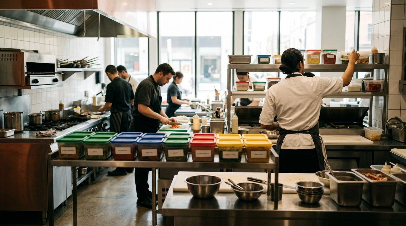 Cocina profesional con cubetas de tapas de colores etiquetadas para separar alérgenos y el equipo trabajando al fondo