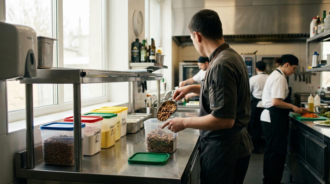 Cocinero volcando frutos secos con un cacillo en un recipiente etiquetado, junto a una fila de recipientes con tapas de colores