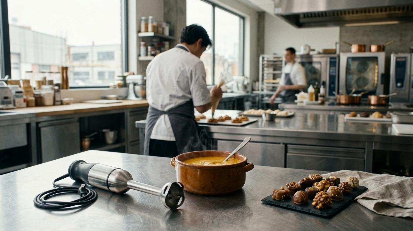 Batidora de mano limpia sobre la mesa de acero, junto a una cazuela de crema de calabaza y una bandeja de bombones con frutos secos