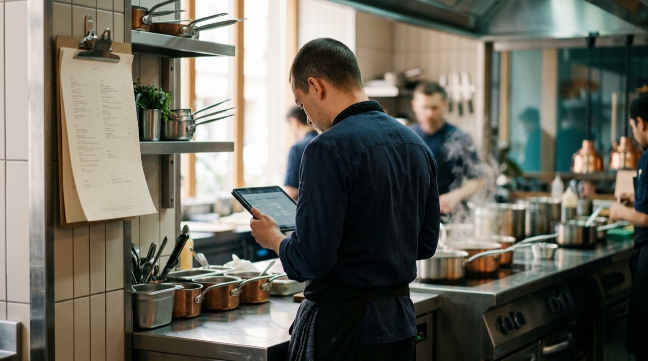 Chef de espaldas revisando los costes de la carta en una tablet en una cocina profesional, con la carta impresa colgada y ollas de cobre al fondo