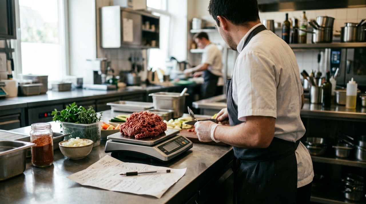 Báscula digital pesando carne picada fresca sobre una encimera de acero, con un albarán manuscrito y especias al lado, en una cocina profesional