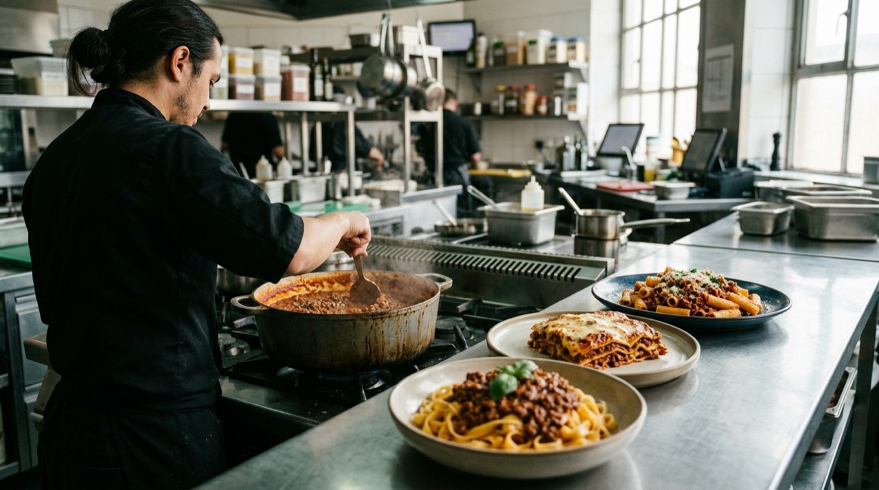 Cocinero removiendo una olla grande de salsa boloñesa en los fogones, con tres platos de pasta y lasaña alineados al lado en una cocina profesional