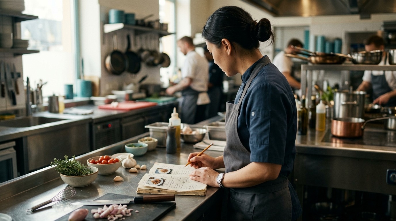 Cocina profesional con chef consultando un recetario abierto sobre encimera de acero inoxidable, con ingredientes frescos y utensilios alrededor