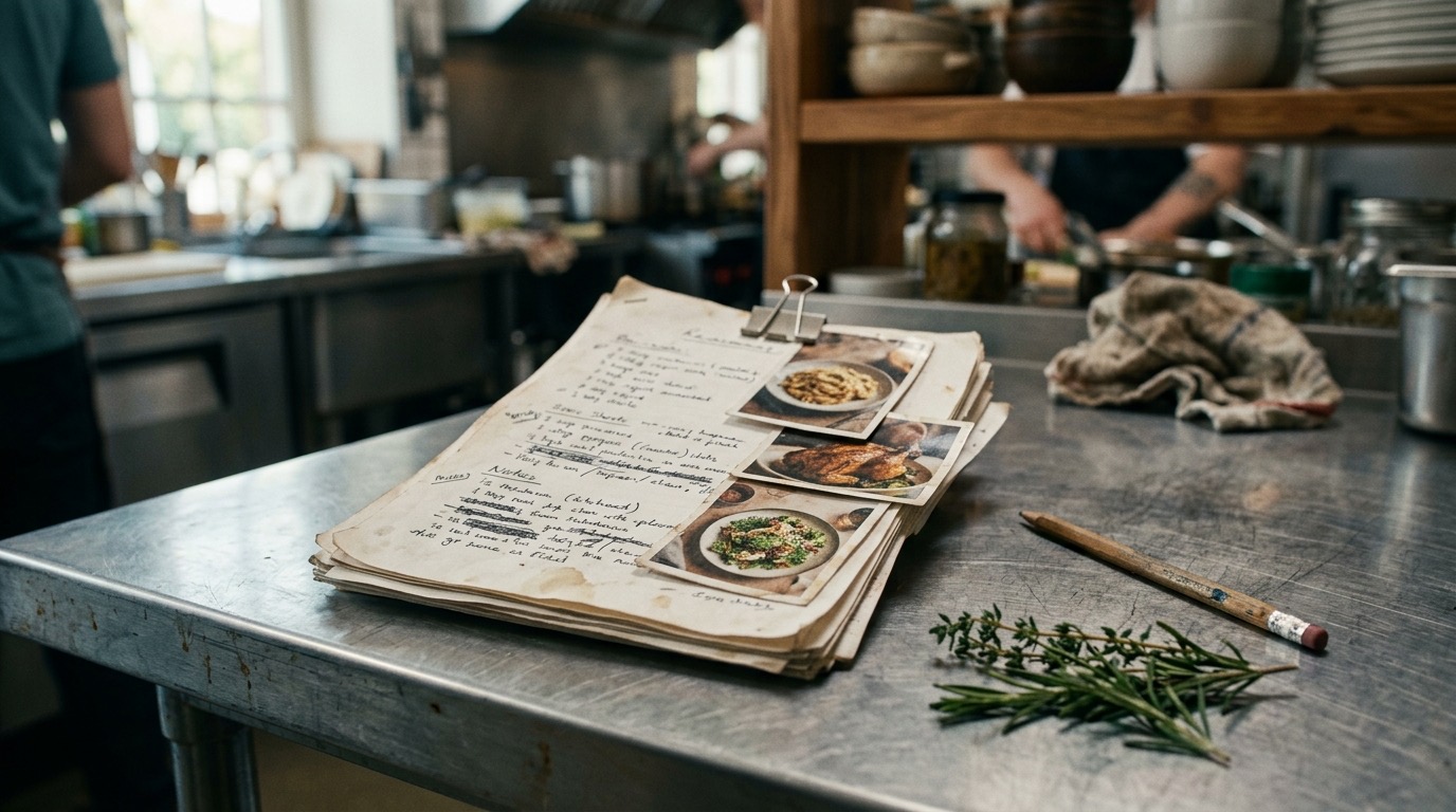 Primer plano de fichas técnicas de recetas apiladas sobre mesa de cocina industrial, con notas manuscritas y fotos de platos