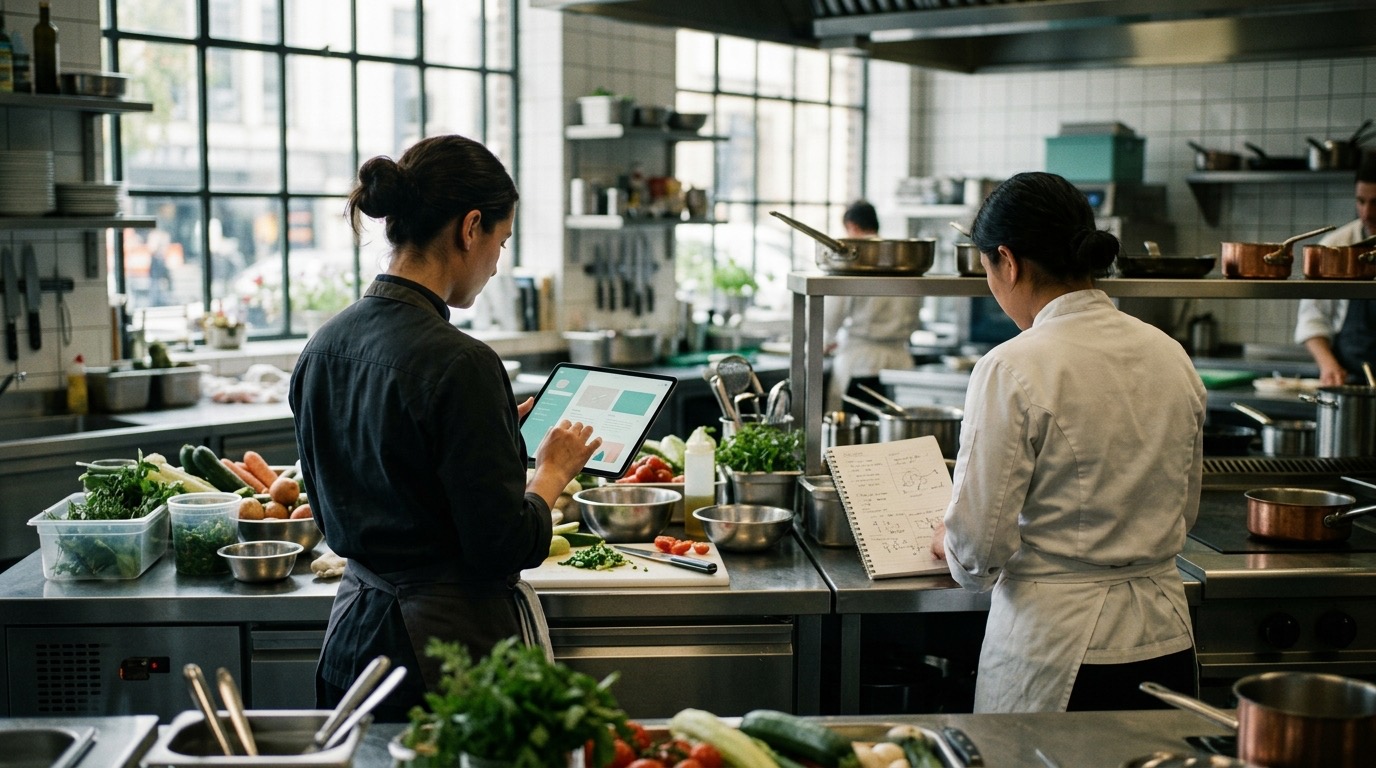 Restaurante de alta cocina con cocinero sosteniendo tableta digital mostrando un recetario, mientras otro chef revisa una libreta