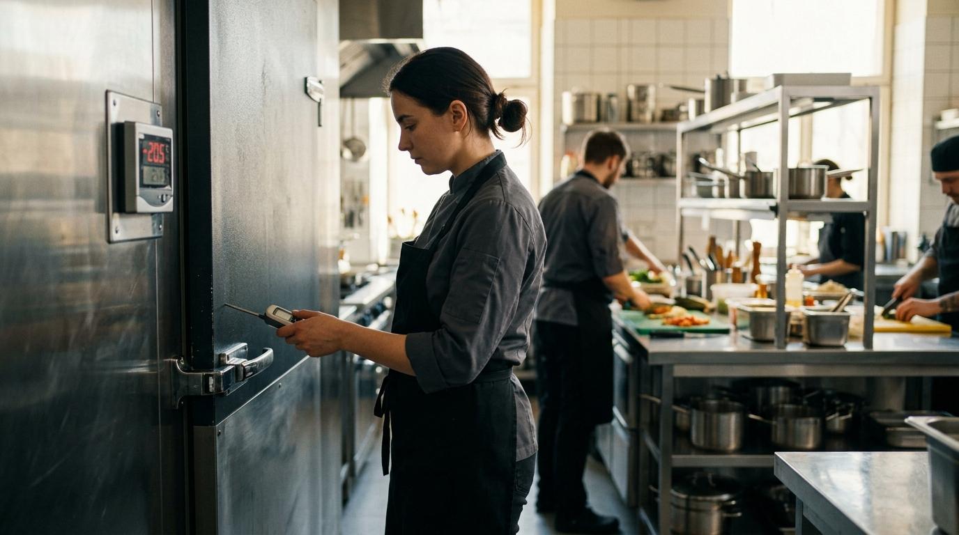 Cocinera consultando un termómetro de mano frente a la puerta de una cámara frigorífica con display digital, en una cocina profesional