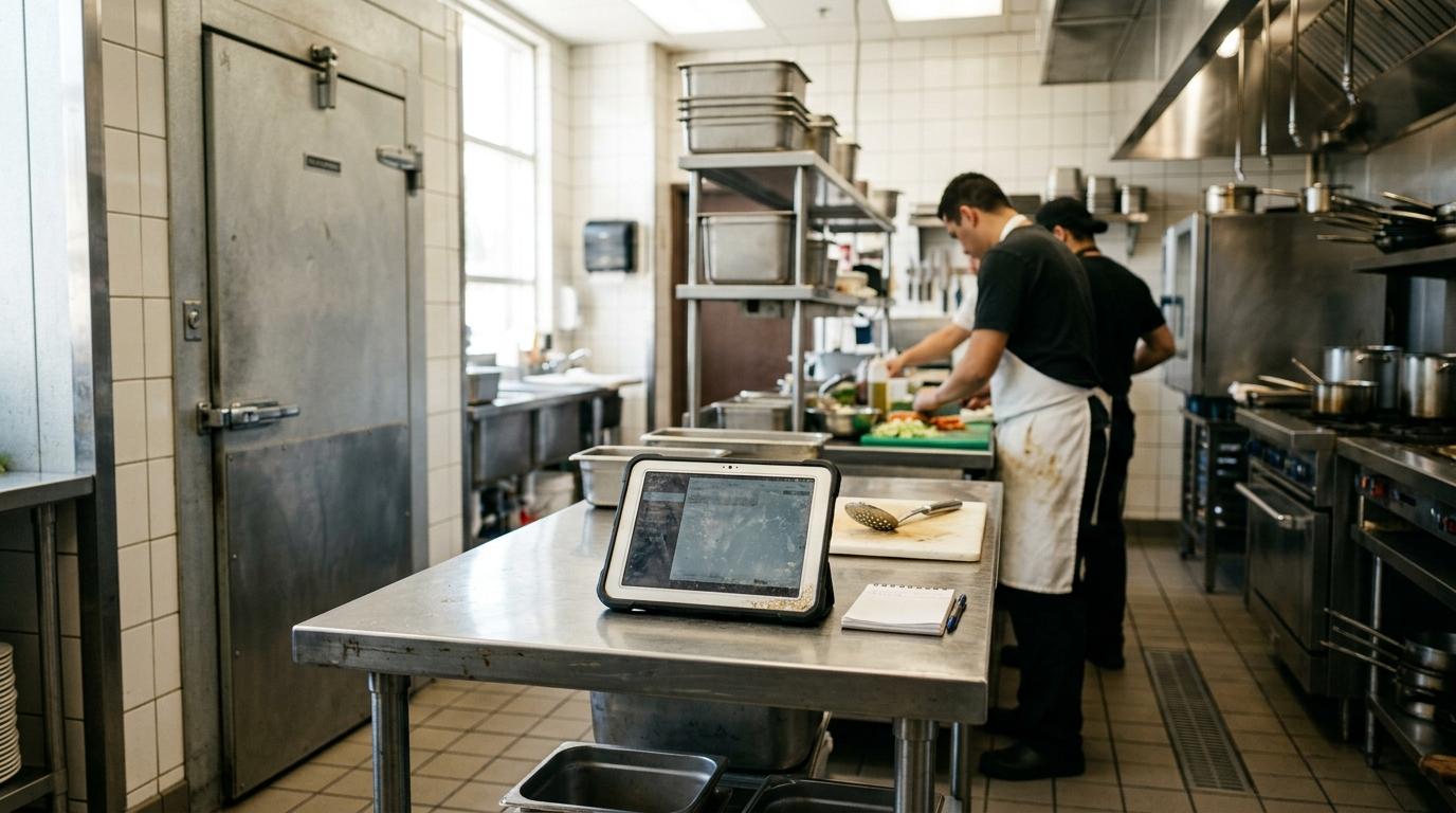 Tablet apoyada en una mesa de acero inoxidable junto a la puerta de la cámara frigorífica de una cocina profesional