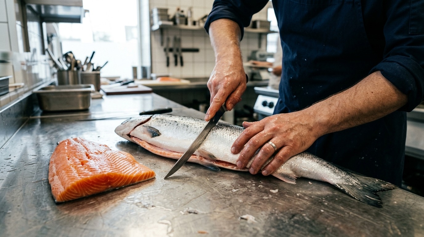Cocinero profesional despiezando un salmón entero sobre una superficie de acero inoxidable, con las manos sujetando el cuchillo y un lomo ya limpio al lado, en una cocina profesional.