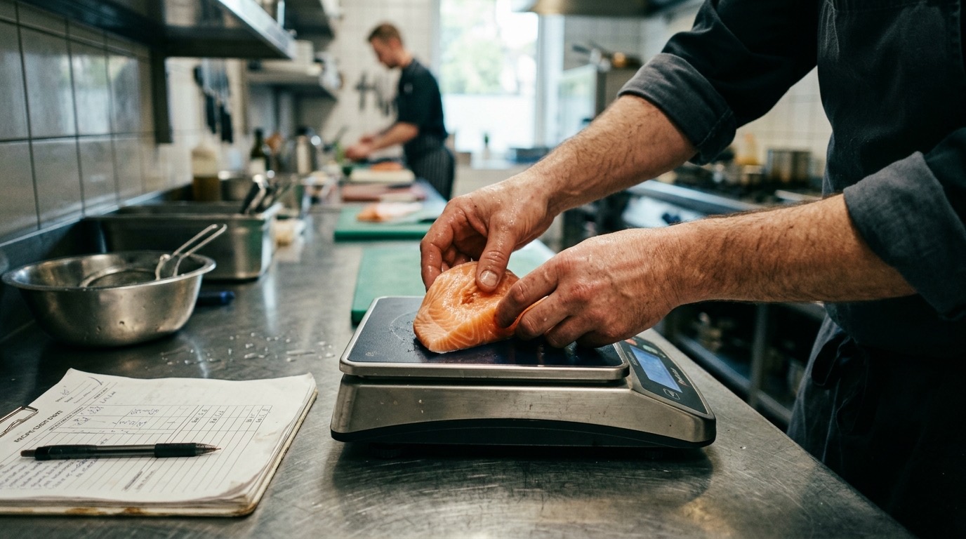 Manos pesando un lomo de salmón limpio en una báscula digital de cocina junto a una ficha de escandallo con un bolígrafo, en una cocina profesional de acero inoxidable.