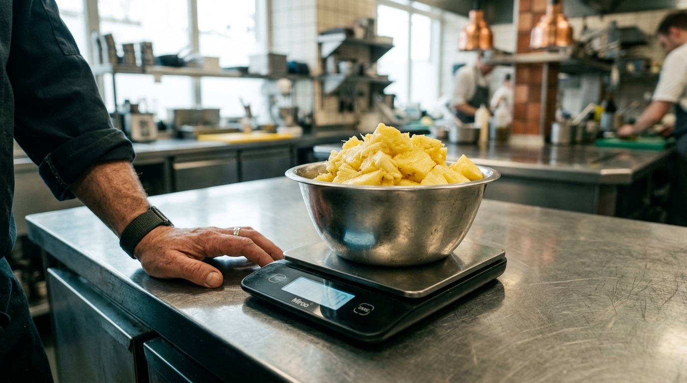 Báscula digital de cocina pesando un bol de pulpa de piña limpia recién cortada en una cocina profesional, luz natural, imagen candid sin caras