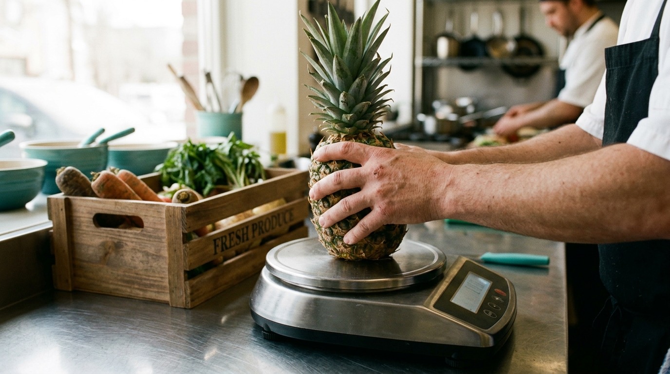 Manos de cocinero pesando una piña entera recién recibida en una báscula de cocina profesional, junto a una caja de producto fresco