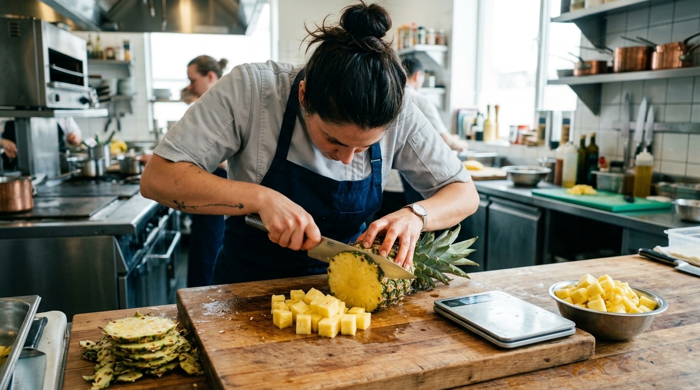 Cocinera pelando y cortando una piña en dados sobre una tabla de madera, con una báscula digital y un bol de pulpa limpia al lado y las pieles apartadas