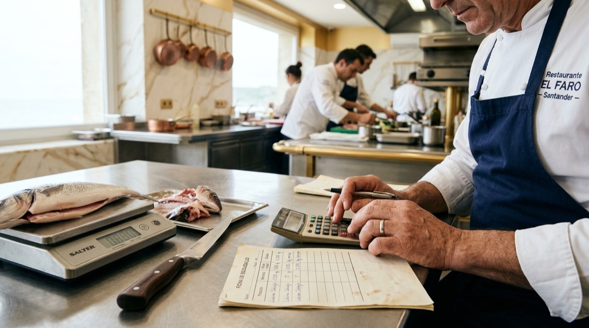 Primer plano de las manos de un chef calculando la merma de un pescado, con una báscula, calculadora y una ficha de escandallo sobre una mesa de acero inoxidable en una cocina profesional.