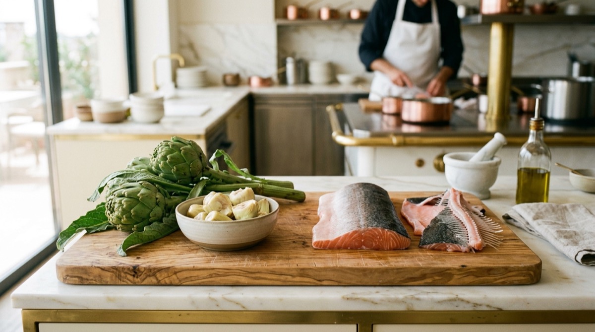 Tabla de cortar con diferentes ingredientes en estado bruto y neto: alcachofas enteras junto a corazones limpios, y un lomo de salmón con su piel y espinas separadas, mostrando la diferencia de peso.