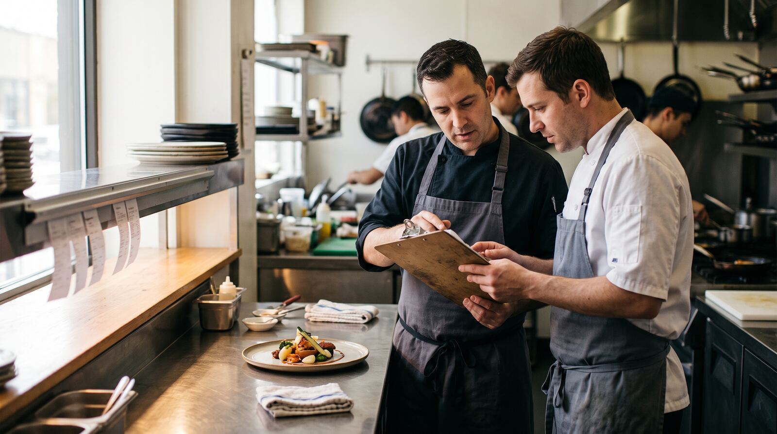 Team reviewing recipe instructions at the pass