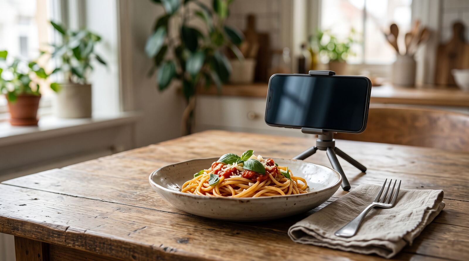 Dish and camera prepared for a recipe photo