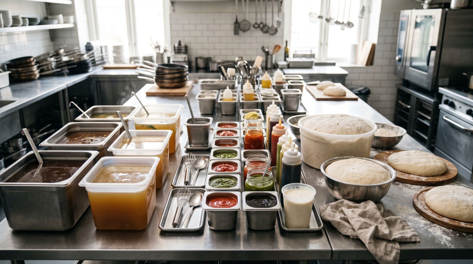 Selección de fondos, salsas y masas en recipientes separados