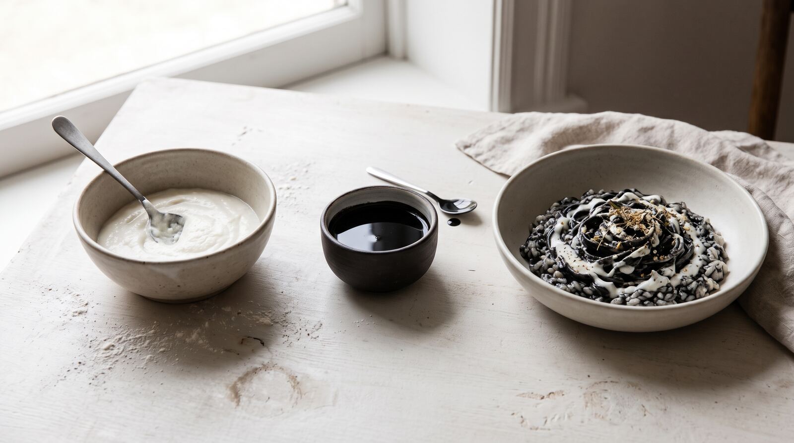 Una base blanca, una variante y un plato final en recipientes distintos