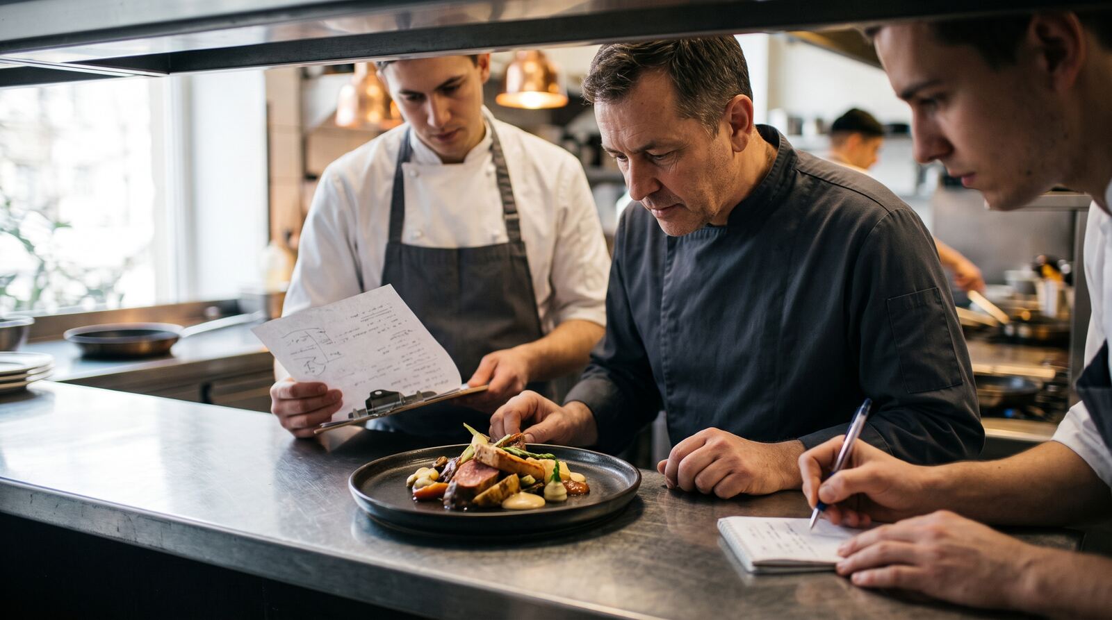 Equipo revisando una variante culinaria en el pase