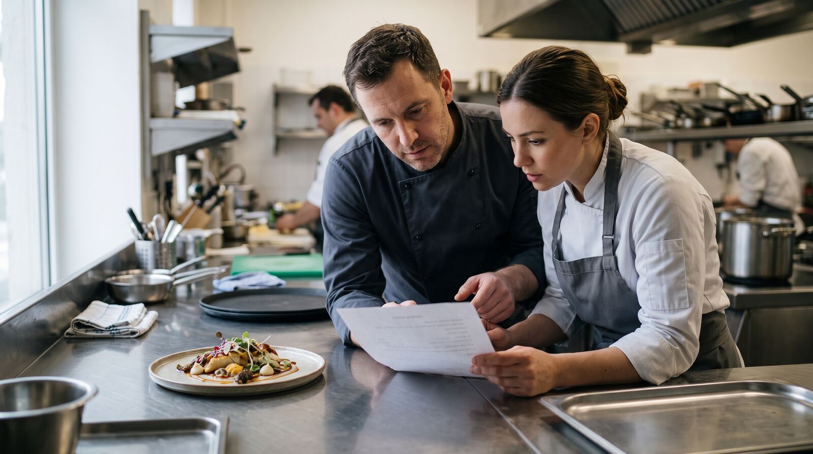 Team reviewing a preparation sheet beside the finished dish