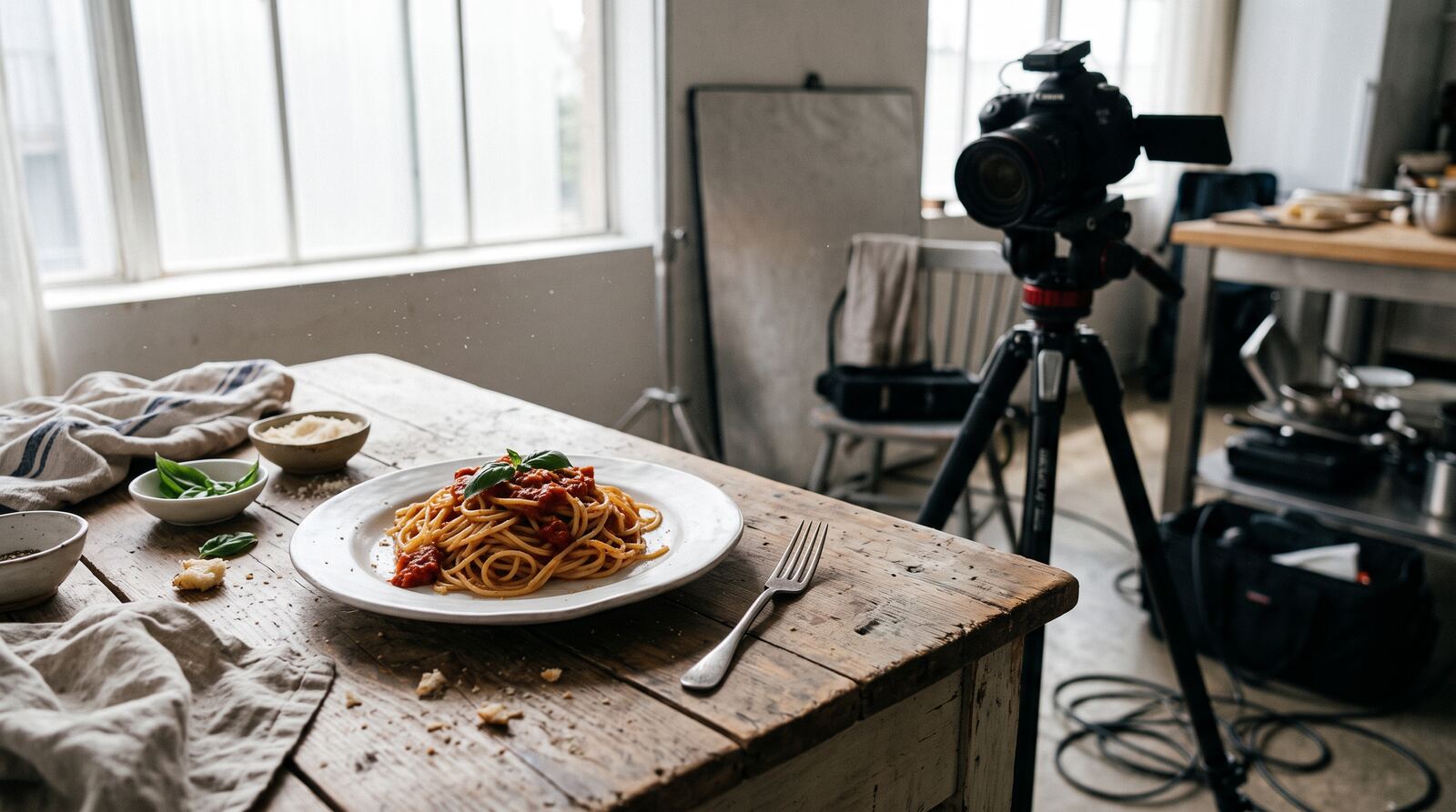 A real plated dish by a window with a camera ready for photography