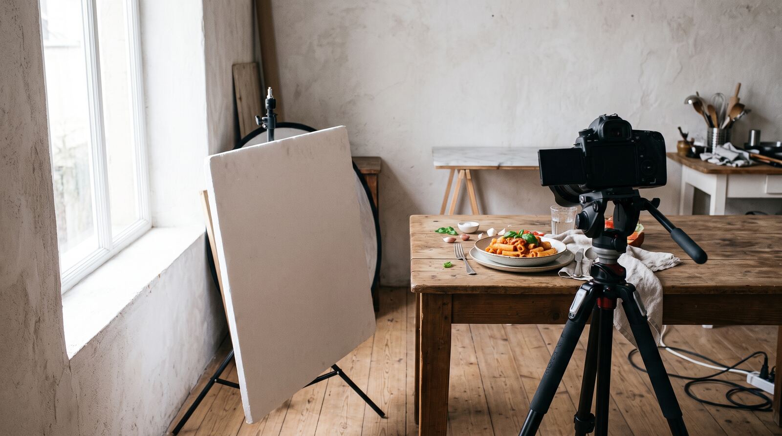 Food-photo setup with a dish, window and simple reflector