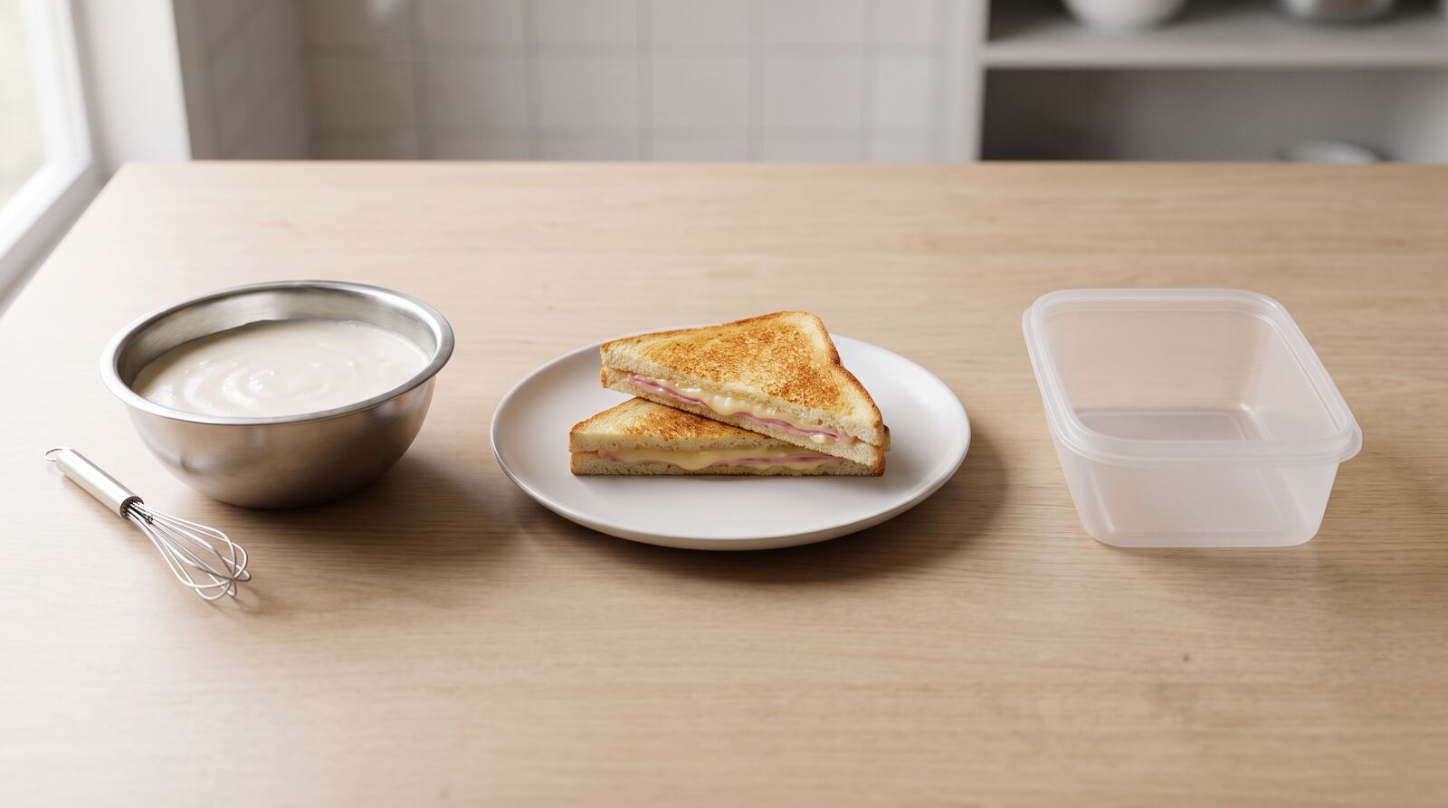 Salsa, plato y envase en una mesa de trabajo limpia